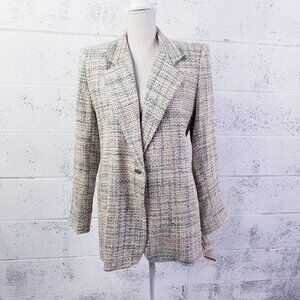 Vintage 100% Silk Hand Woven One Button Blazer Pink Silver Metallic Size Small